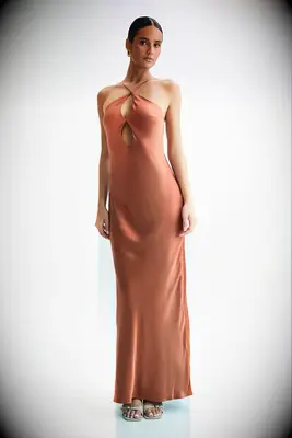 Orange satin halter neck long dress