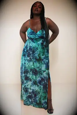 Plus size blue floral thin strap dress