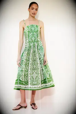 Green linen midi dress with botanical print