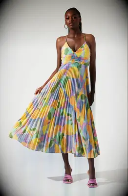 Pleated summer midi dress with abstract lemon design