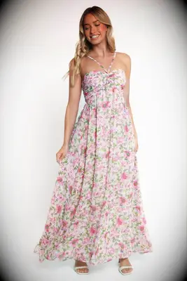Pink floral halter neck dress