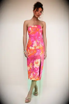 Strapless pink and orange midi dress with slit