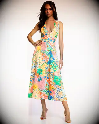 Colorful deep v-neck dress with abstract design