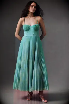 Blue and green pleated midi dress