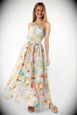 Halter neck maxi dress with fruit design