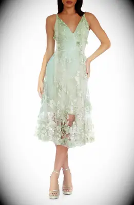 Sage green midi dress with floral sheer overlay