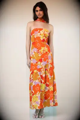 Orange and yellow strapless dress