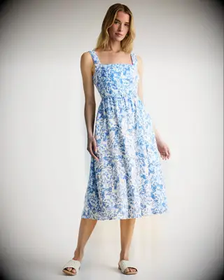 White and blue linen midi wedding guest dress