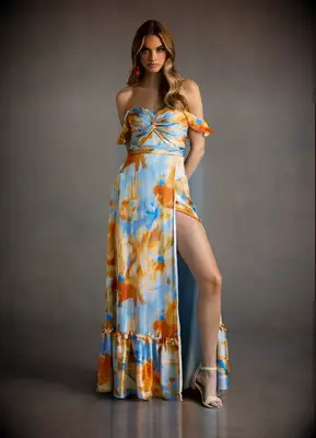 Off the shoulder orange and blue dress with leg slit