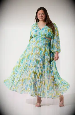 Long sleeve chiffon pleated blue dress