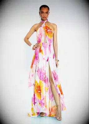 Pink and orange halter dress with leg slit