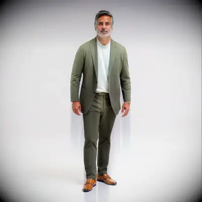 Man wearing green suit for dressy casual wedding guest attire