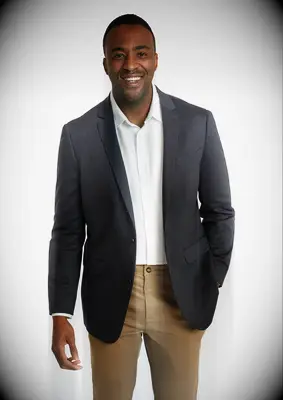 Navy comfort stretch blazer for dressy casual wedding