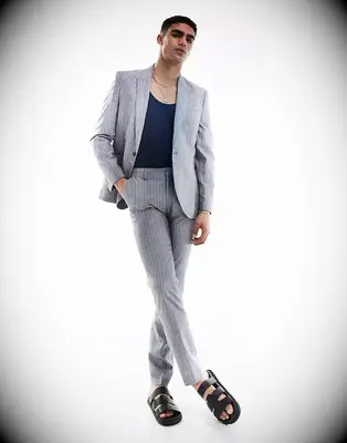 Navy blue pinstripe suit for dressy casual wedding