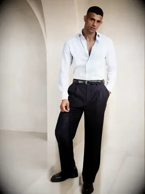 Linen-cotton striped dress shirt for dressy casual wedding guest outfit