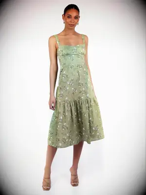 Green A-line printed midi dress for dressy casual wedding