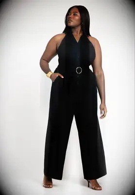 Black belted halter-neck jumpsuit for dressy casual wedding guest