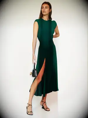 Dark green short sleeve midi dress with slit for dressy casual wedding