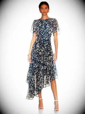 Short flutter-sleeve asymmetric hem floral dress for dressy casual wedding