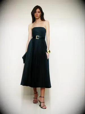 Strapless black reformation midi dress for dressy casual wedding
