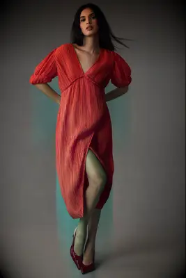 Red short-sleeve dressy casual wedding guest dress