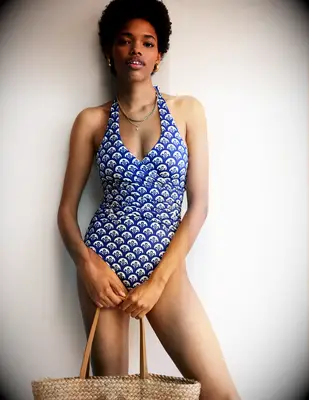 Blue and white patterned ruched halter one piece swimsuit for honeymoon
