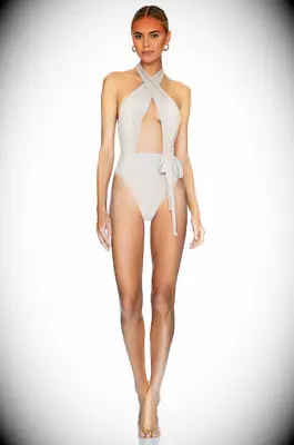 Tan halter criss cross tie one piece honeymoon bathing suit