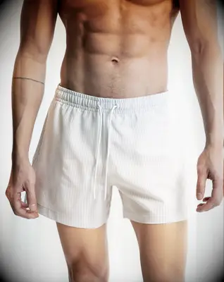 White seersucker swim shorts for honeymoon