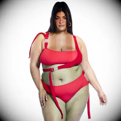 Red ribbed strappy buckle bikini for honeymoon