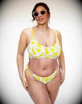 Lemon print bikini set with ruffle trim, honeymoon swimsuit