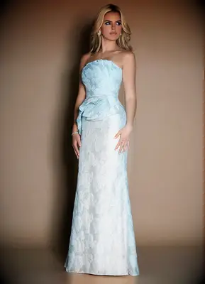 Azazie blue strapless ball gown for white tie wedding guest
