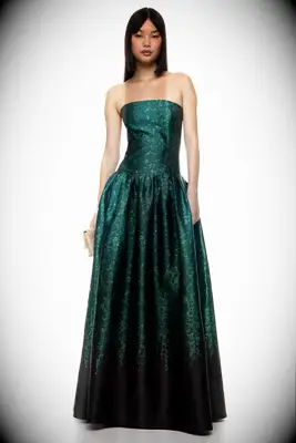 Rent the Runway strapless green ballgown for white tie wedding guest