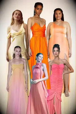 Collage of sunset shade bridesmaid dresses 