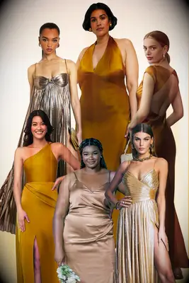 Collage of copper and gold bridesmaid dresses