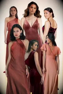 Collage of rosy bridesmaid dresses 