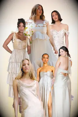 Collage of champagne bridesmaid dresses