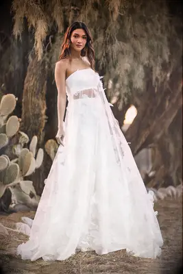 Strapless wedding pantsuit with sheer detachable overlay