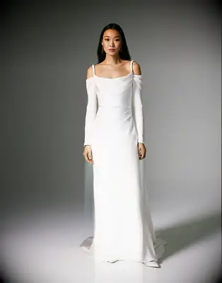 Off-the-shoulder long sleeve sheath wedding gown