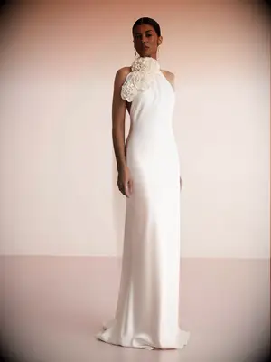 High-neck floral detail slip wedding dress