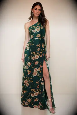 Woman wearing a green off-the-shoulder floral dress