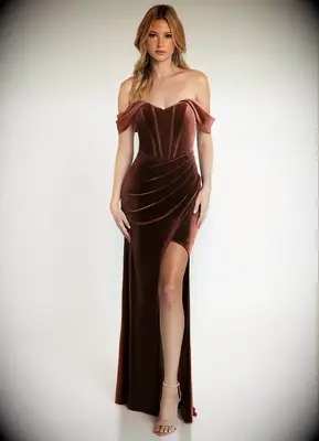 Woman wearing a brown velvet dress