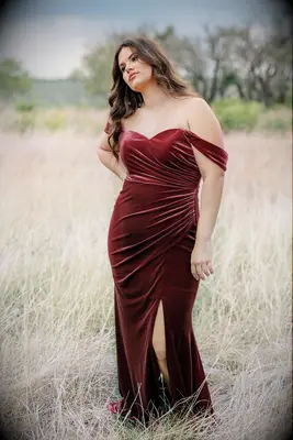 Off the shoulder burnt orange velvet dress