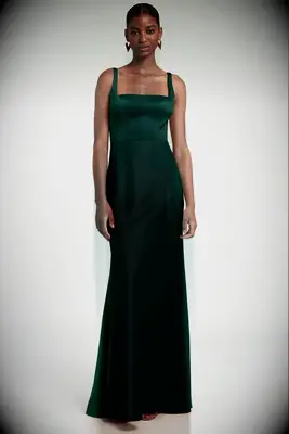 Square neck silk emerald green dress
