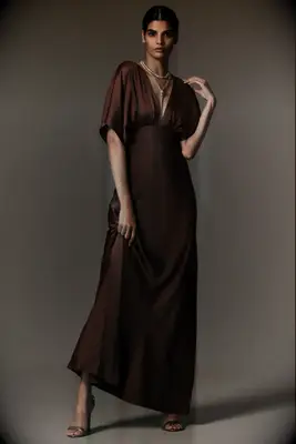 Brown silk dress with v-neck