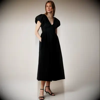 Black maxi dress with puffed sleeves