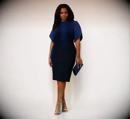 Navy blue midi dress with pearl trimmed sleeves