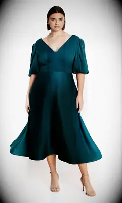 Blue satin dress with balloon sleeves