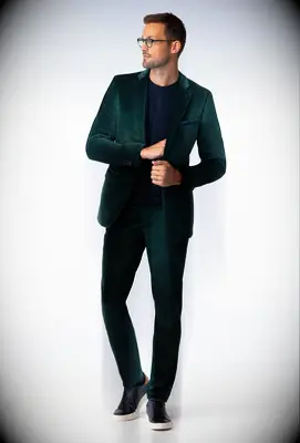Indochino green velvet blazer festive wedding guest attire