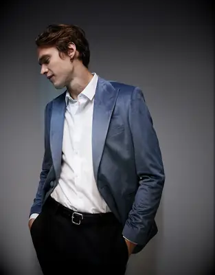 Topman blue velvet blazer festive wedding guest attire