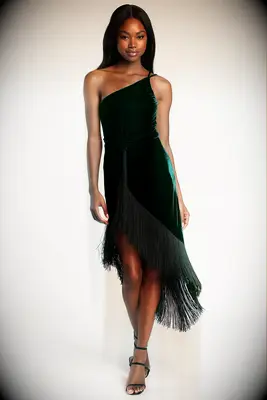 Lulus green velvet fringe festive wedding guest dress